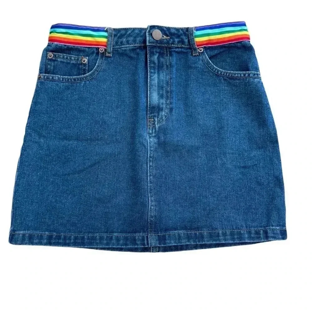 Mini Denim Jean Skirt With Rainbow Waist, Size Medium